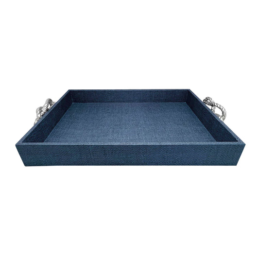 Indigo Faux Grasscloth Tray With Rope Handles
