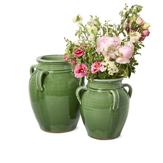 Mediterranean Four Handled Vintage Style Green Glazed Olive Jar